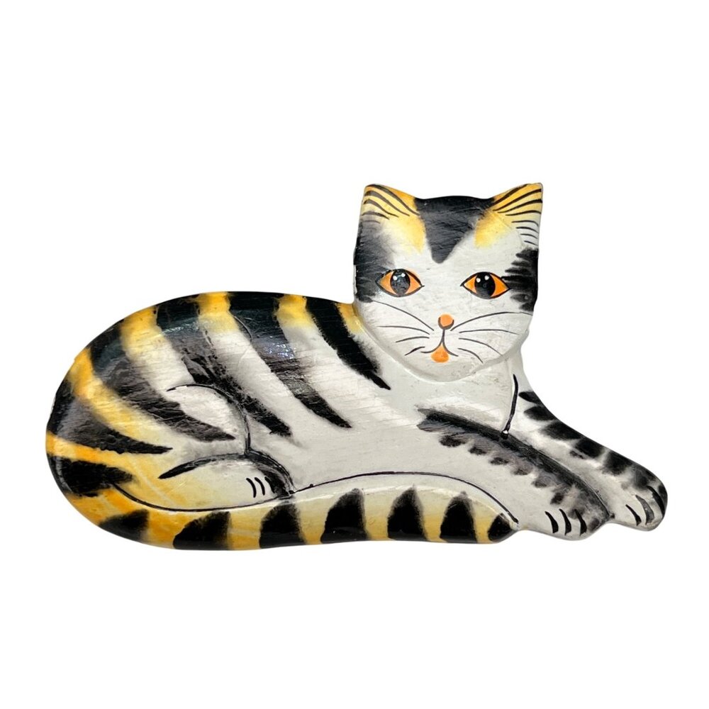 Vintage Handcrafted Wooden Cat Kitty Artisan Brooch Pin Orange Black Striped